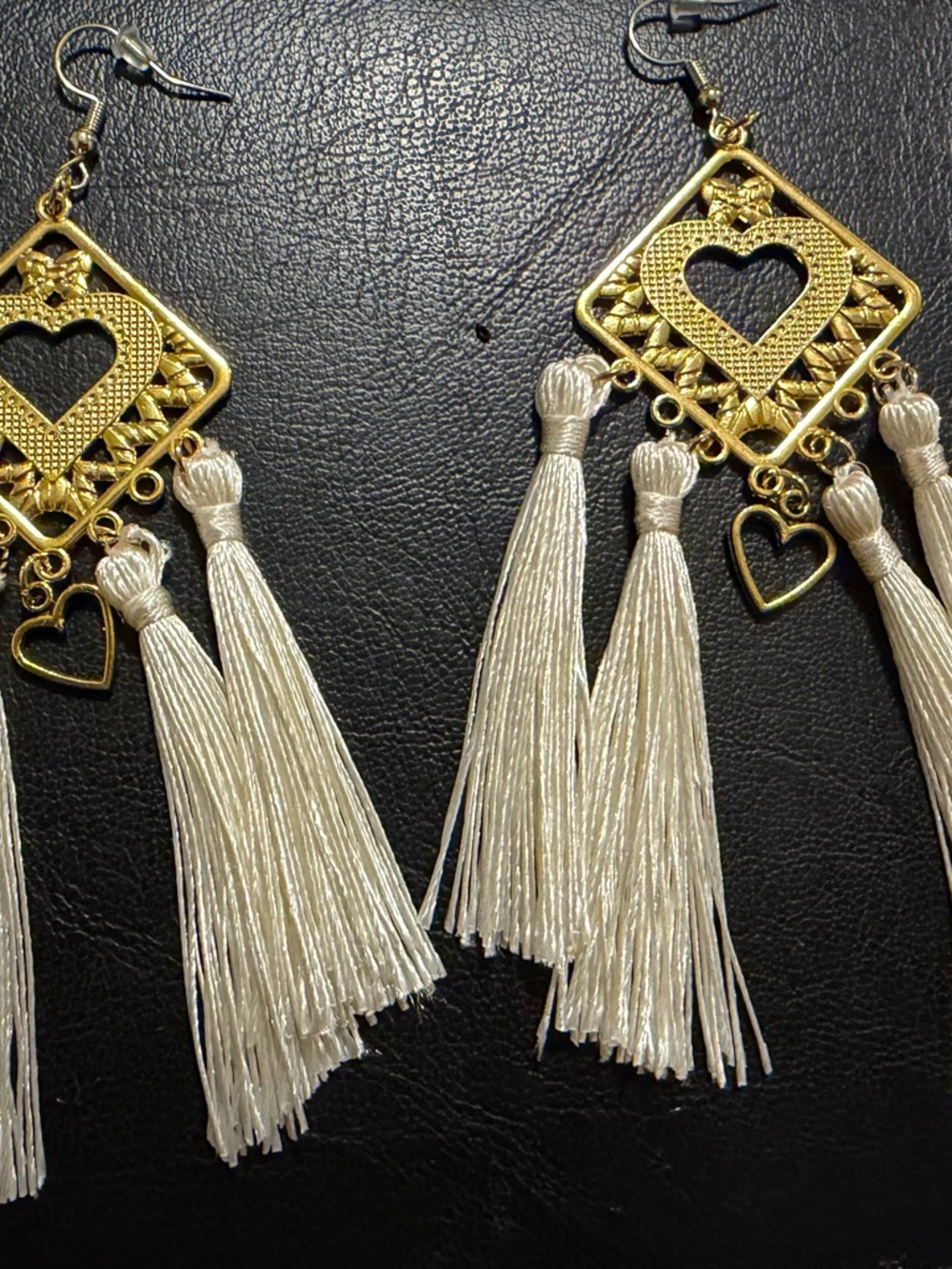 Gold and Cream Heart Tassel Drop Earrings - Hand Made Women Jewelry